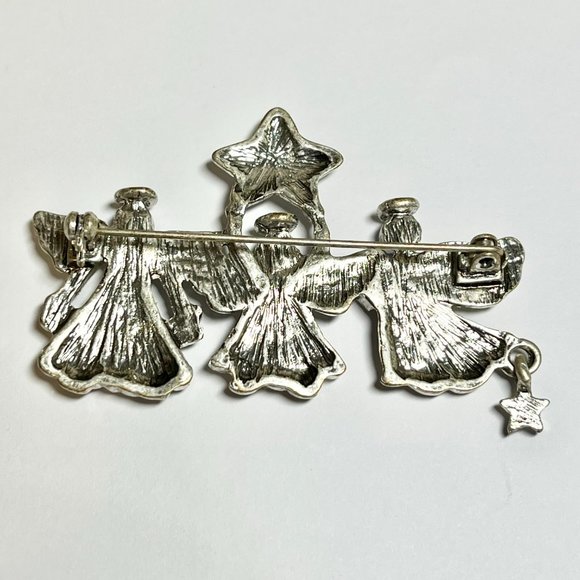 Vintage Christmas Angel Brooch Pin Silver Tone PEACE ON EARTH Star Blue Crystal - Picture 7 of 9